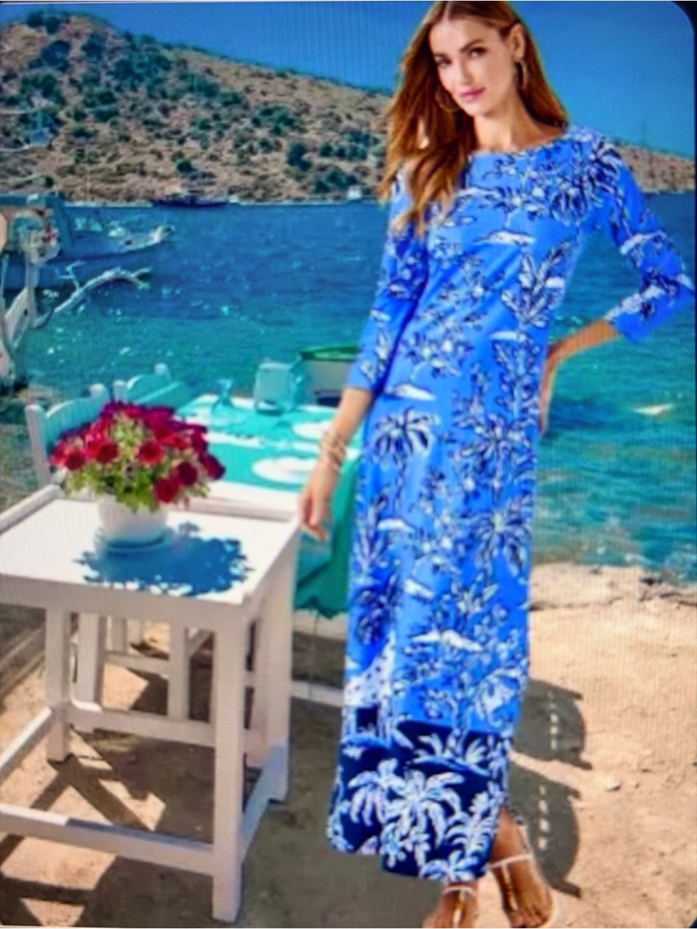 Lilly Pulitzer Blue Tropical Palm-Print Maxi Dress EUC.